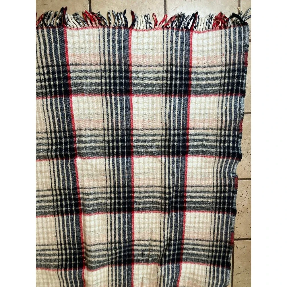 Pine Brooks Maroon Black White Plaid Reversible Fringe Blanket 59”x82” Vintage